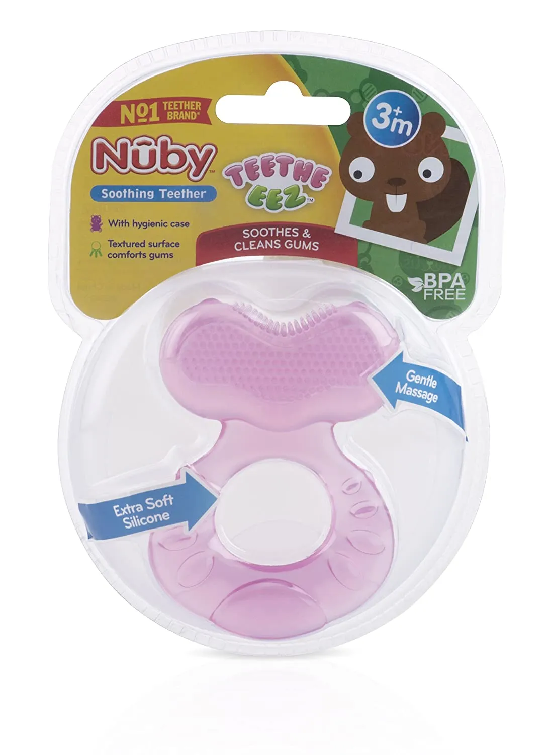 Nuby Silicone Teethe-eez Teether with Bristles, Includes Hygienic Case, Pink, 2 Pack