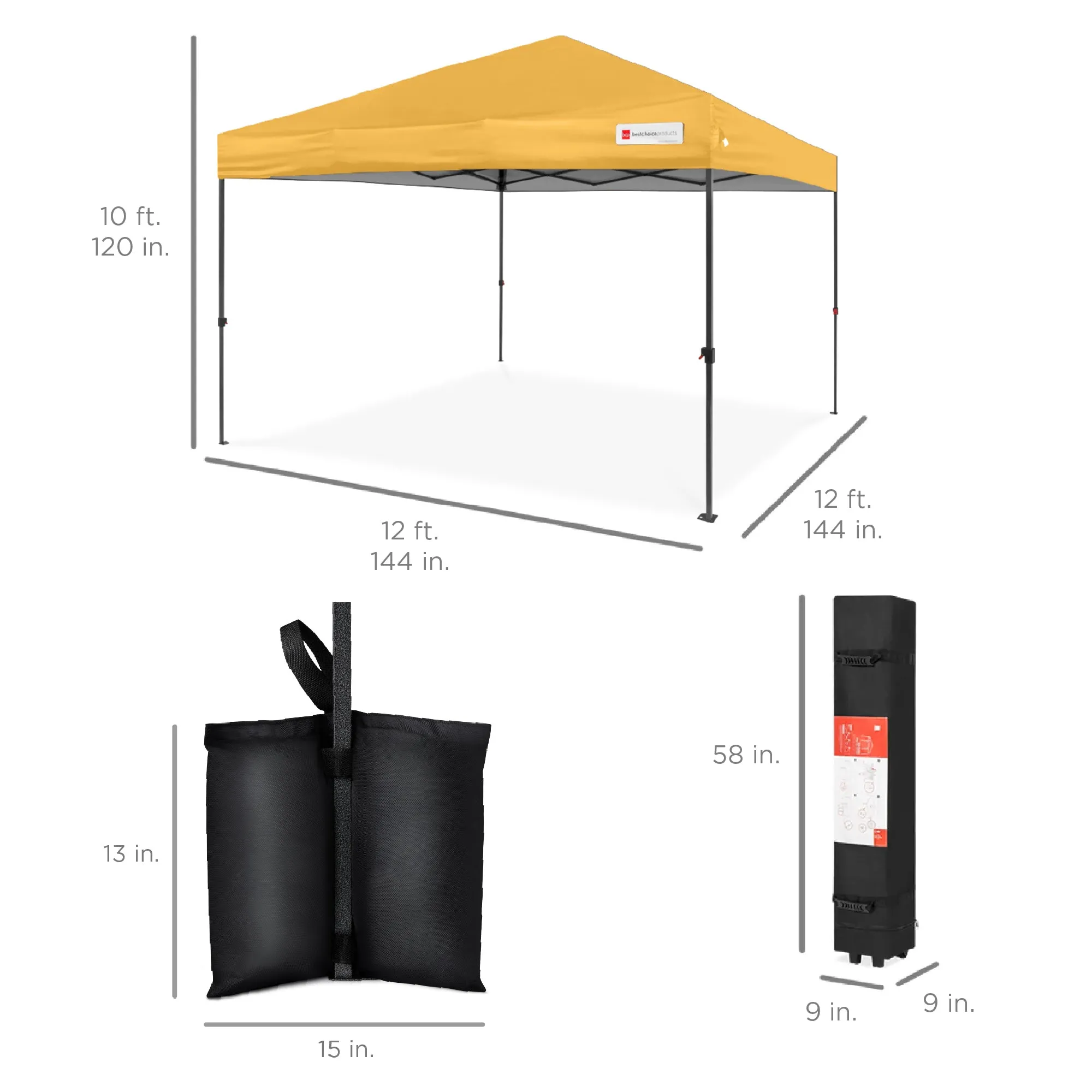 One-Person Setup Instant Pop Up Canopy w/ Case, 4 Weight Bags - 12x12ft