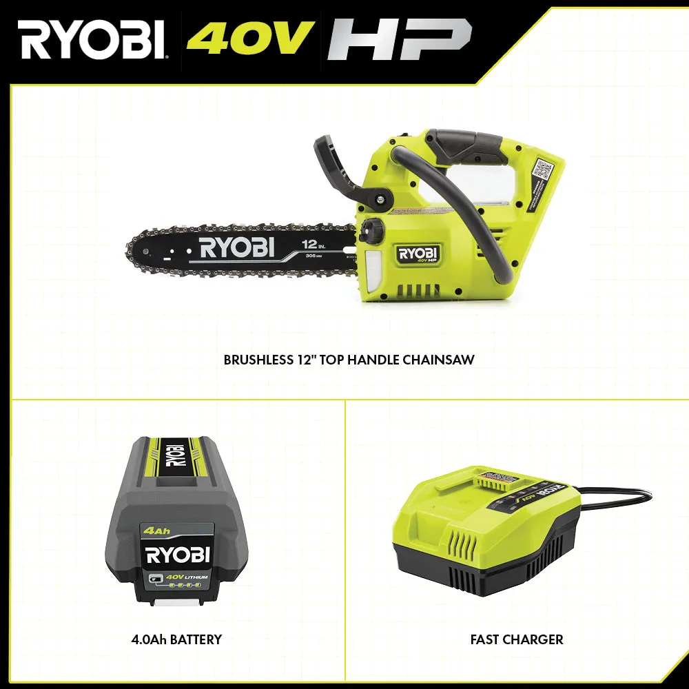 Open Box -  RYOBI 40V HP Brushless 12 in. Top Handle Electric Cordless Chainsaw with 4.0 Ah Battery and Charger