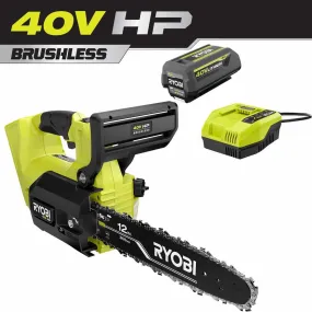 Open Box -  RYOBI 40V HP Brushless 12 in. Top Handle Electric Cordless Chainsaw with 4.0 Ah Battery and Charger