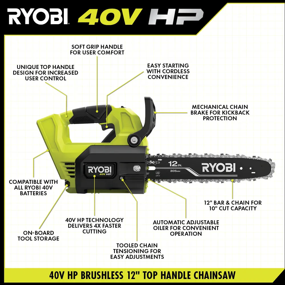 Open Box -  RYOBI 40V HP Brushless 12 in. Top Handle Electric Cordless Chainsaw with 4.0 Ah Battery and Charger