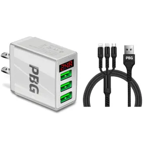 PBG 3 port LED Display Wall Charger and 3 in 1 Cable Bundle Black