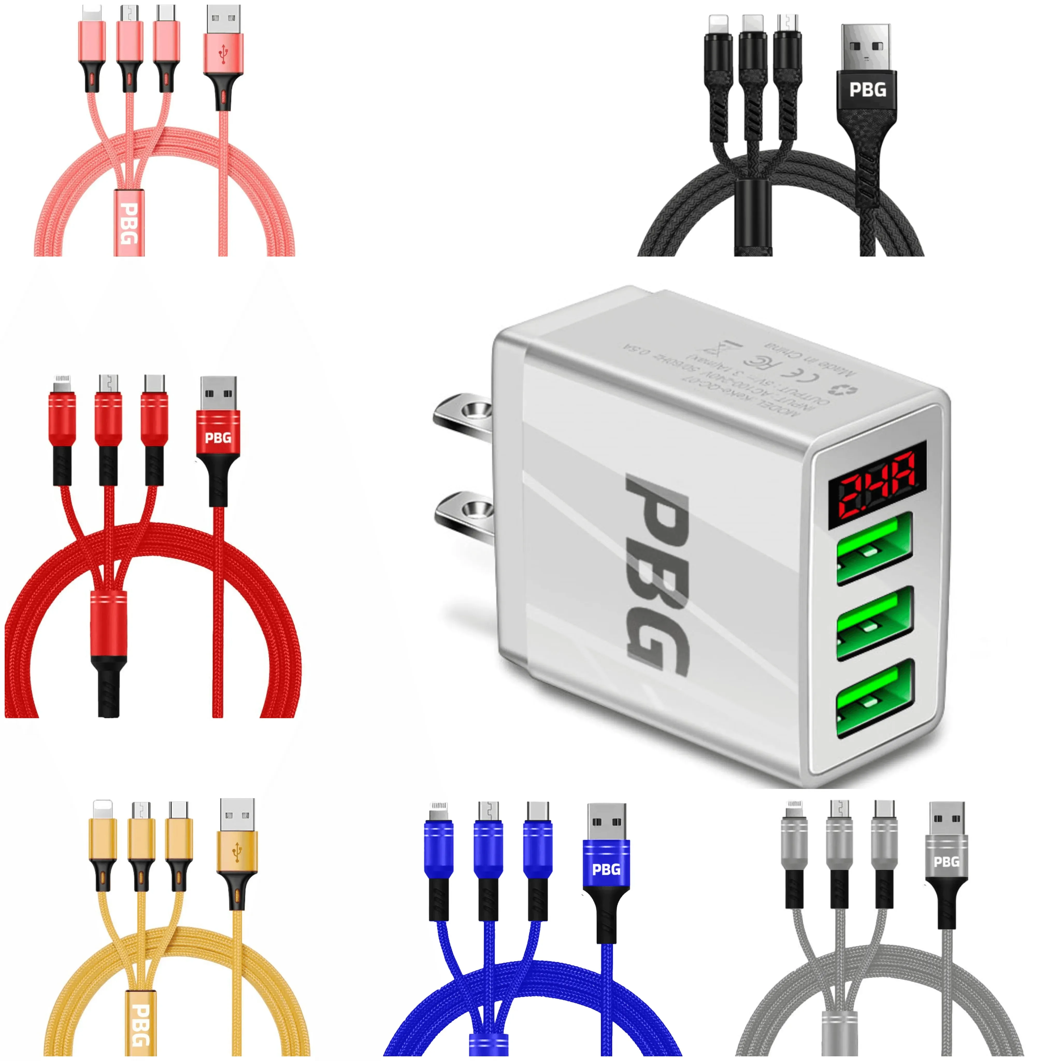 PBG 3 port LED Display Wall Charger and 3 in 1 Cable Bundle Black