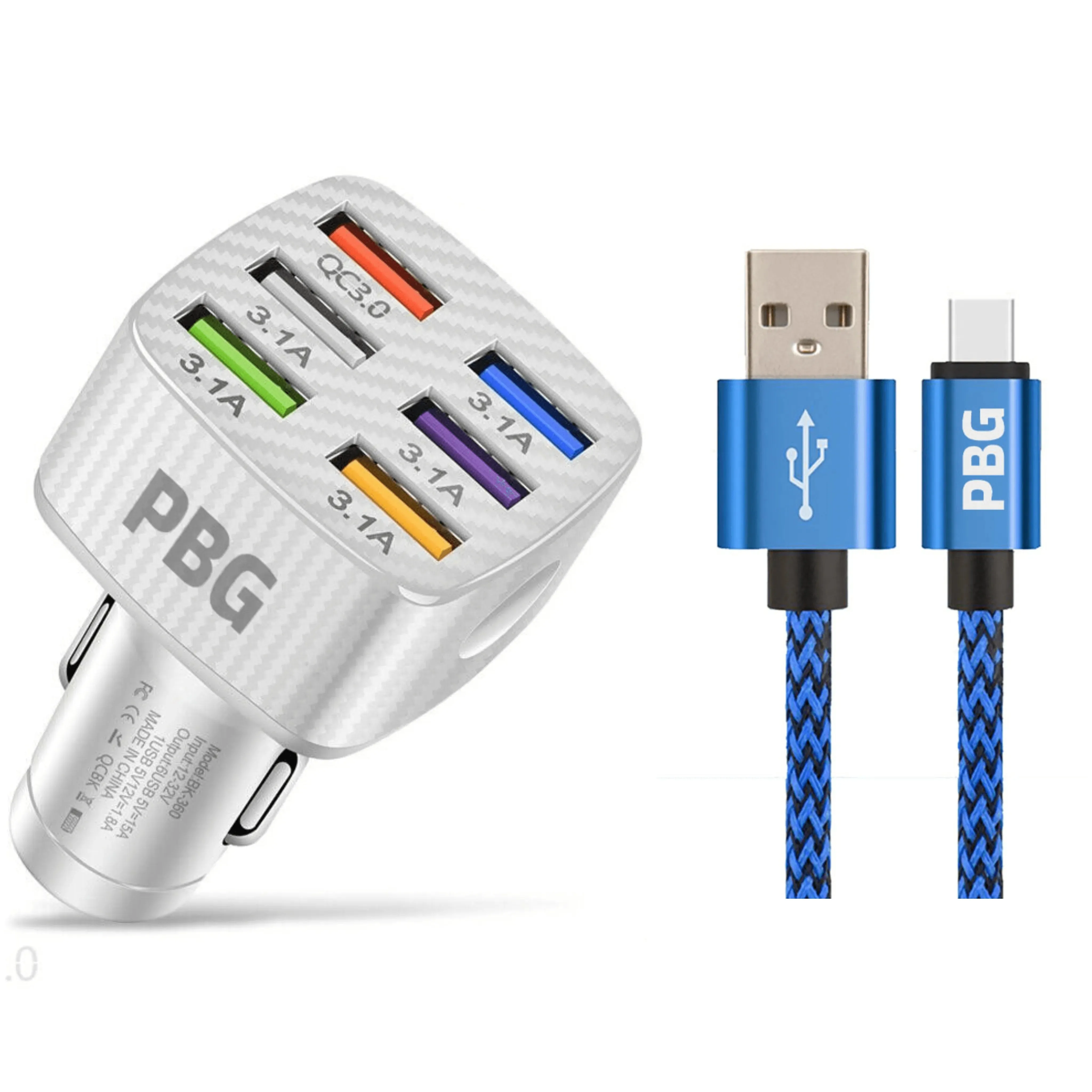 PBG LED 6 Port Car Charger and 10FT XL Zebra Charger Compatible for Iphone Cable Combo