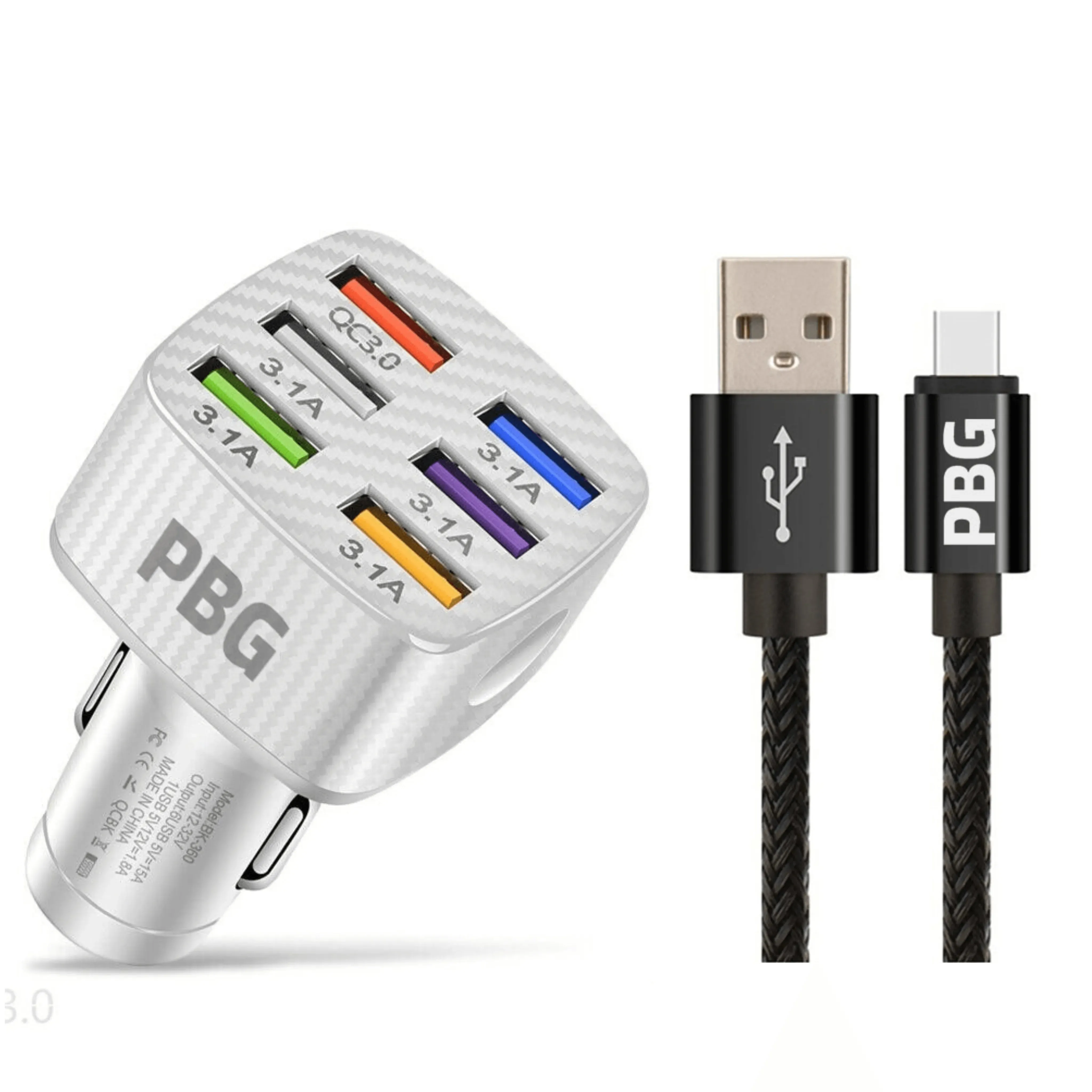 PBG LED 6 Port Car Charger and 10FT XL Zebra Charger Compatible for Iphone Cable Combo