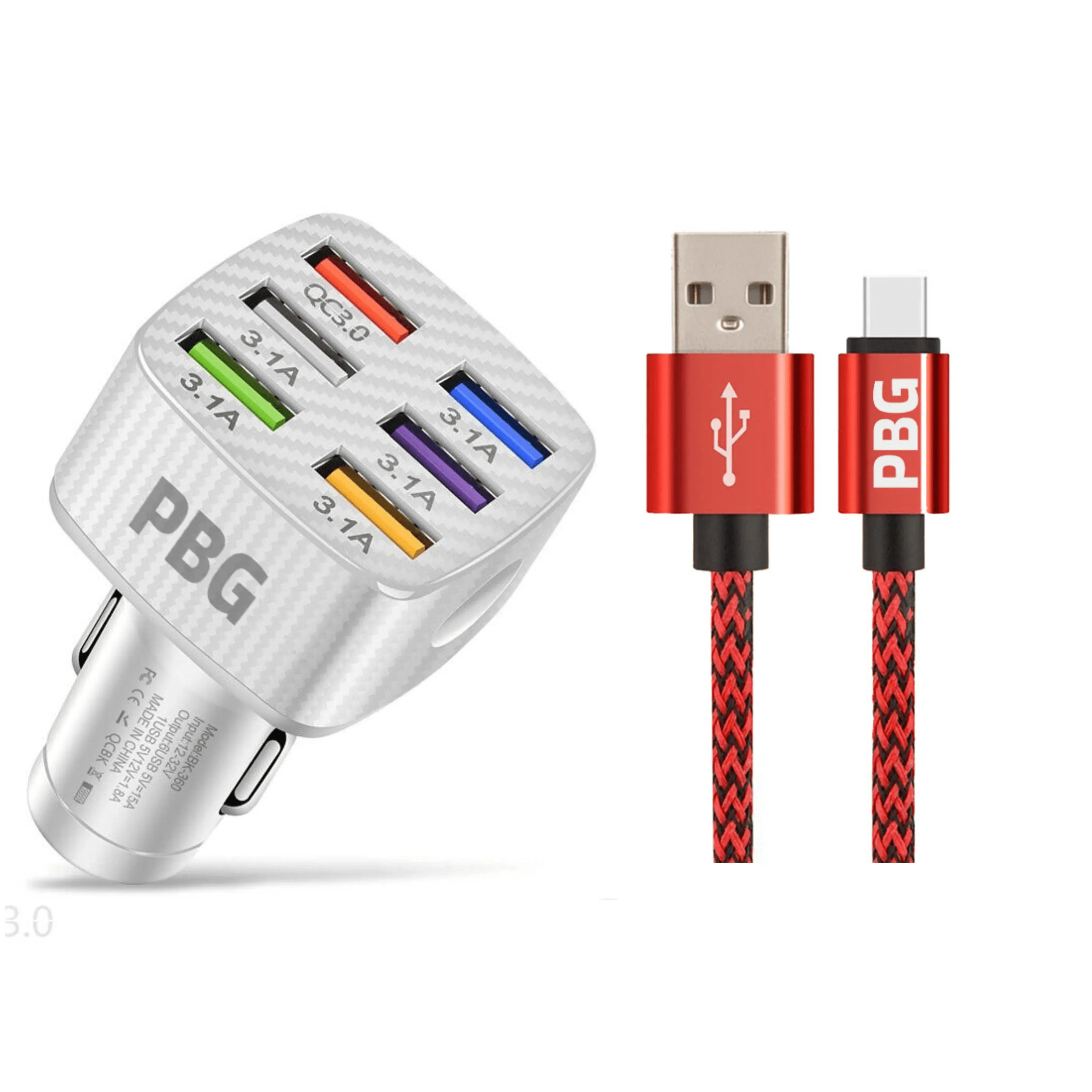 PBG LED 6 Port Car Charger and 10FT XL Zebra Charger Compatible for Iphone Cable Combo