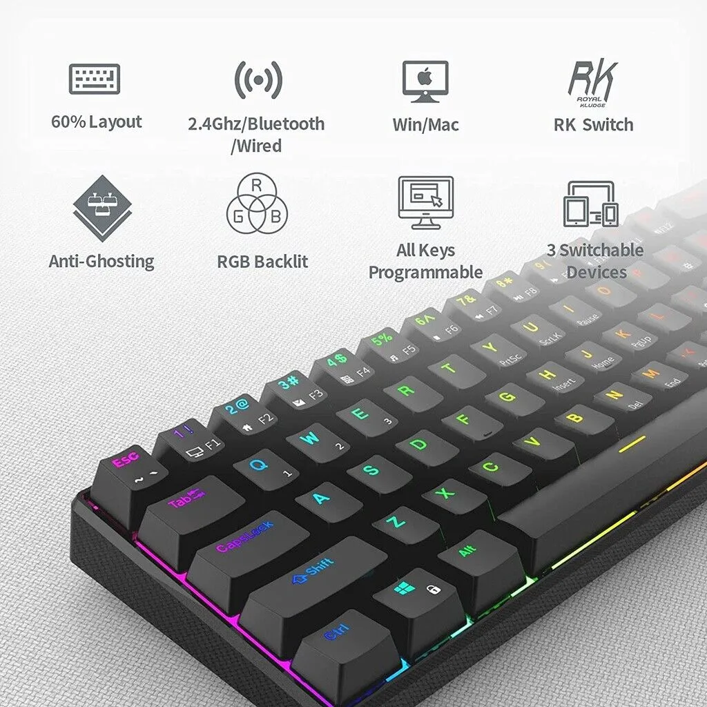 Royal Kludge RK61 TriMode RGB Hot Swappable Mechanical Keyboard Black (Red Switch)