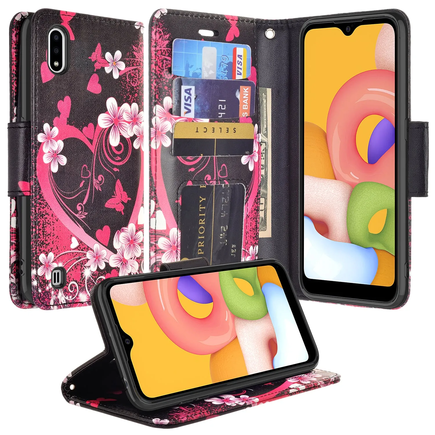 Samsung Galaxy A01 Case, Galaxy A01 Wallet Case, Wrist Strap Pu Leather Wallet Case [Kickstand] with ID & Credit Card Slots - Heart Butterflies