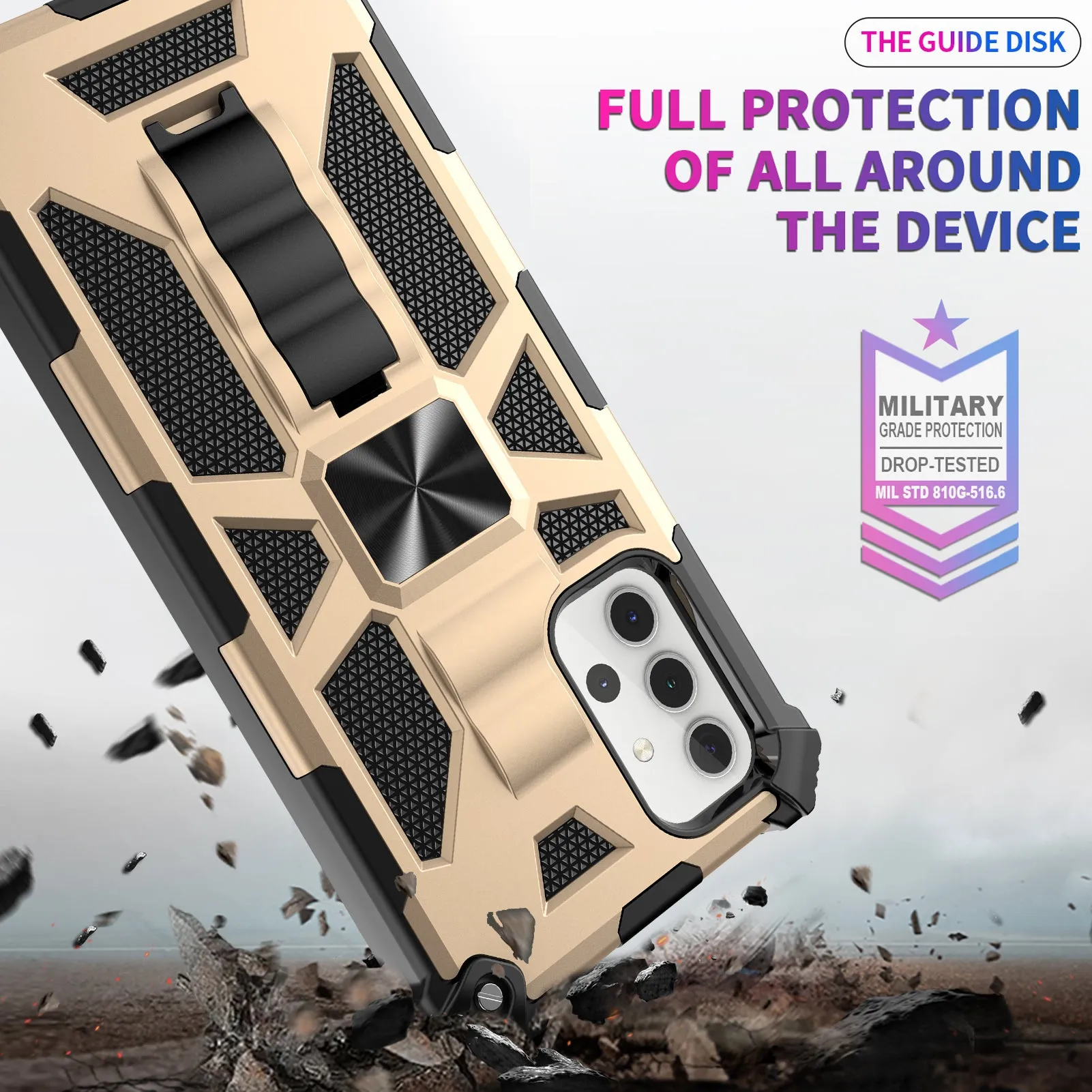 Samsung Galaxy A32 5G Case [Military Grade] Ring Car Mount Kickstand Hybrid Hard PC Soft TPU Shockproof Protective Case - Gold