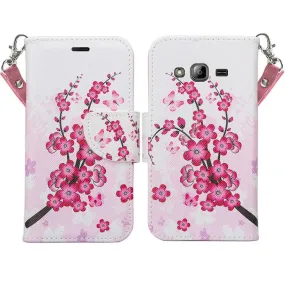 Samsung Galaxy Core Prime Wallet Case, Wrist Strap Flip [Kickstand] Pu Leather Wallet Case with ID & Credit Card Slots, Cherry Blossom