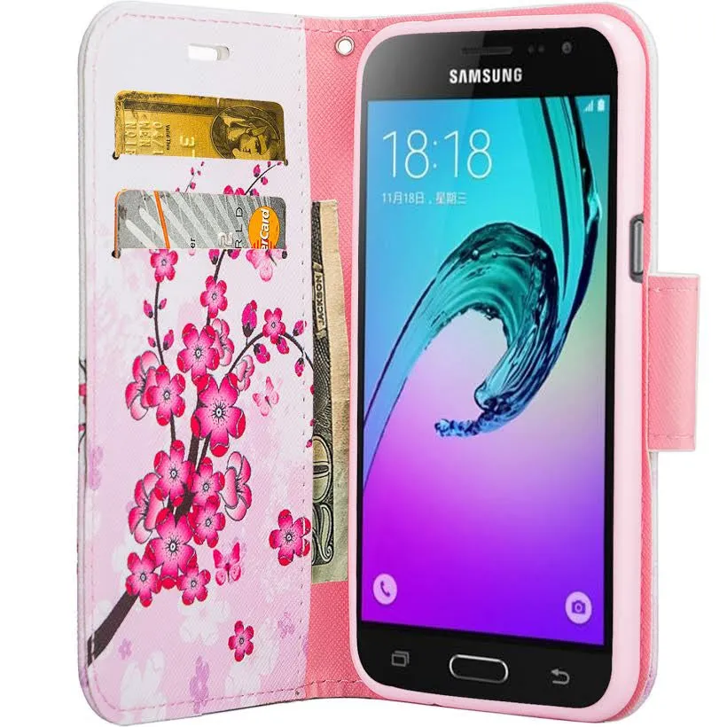 Samsung Galaxy Core Prime Wallet Case, Wrist Strap Flip [Kickstand] Pu Leather Wallet Case with ID & Credit Card Slots, Cherry Blossom