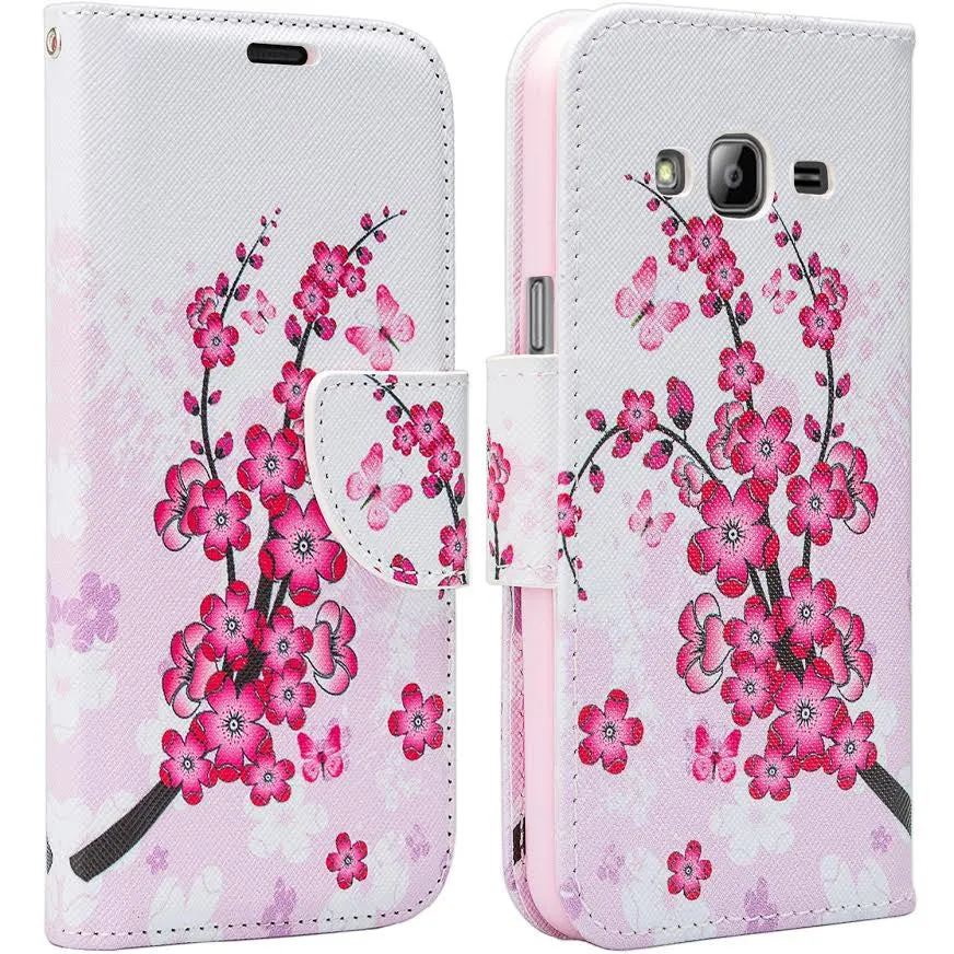 Samsung Galaxy Core Prime Wallet Case, Wrist Strap Flip [Kickstand] Pu Leather Wallet Case with ID & Credit Card Slots, Cherry Blossom