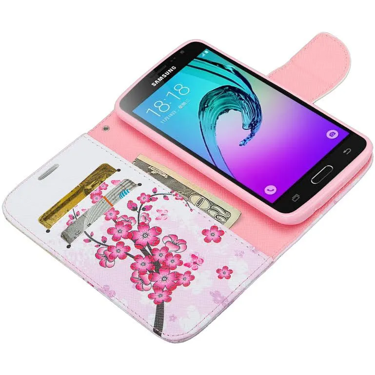 Samsung Galaxy Core Prime Wallet Case, Wrist Strap Flip [Kickstand] Pu Leather Wallet Case with ID & Credit Card Slots, Cherry Blossom