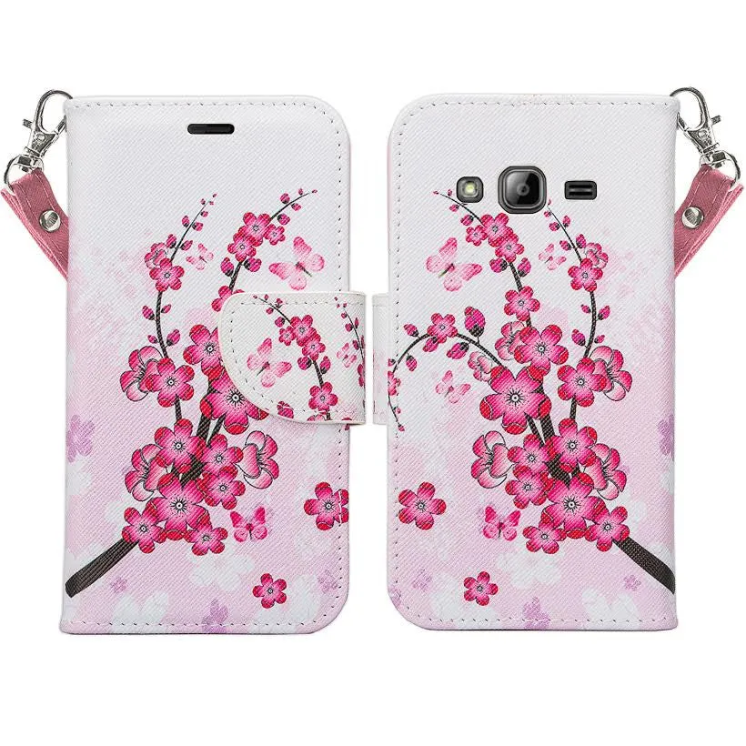 Samsung Galaxy Core Prime Wallet Case, Wrist Strap Flip [Kickstand] Pu Leather Wallet Case with ID & Credit Card Slots, Cherry Blossom