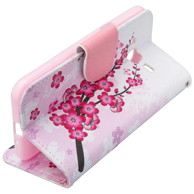 Samsung Galaxy Core Prime Wallet Case, Wrist Strap Flip [Kickstand] Pu Leather Wallet Case with ID & Credit Card Slots, Cherry Blossom