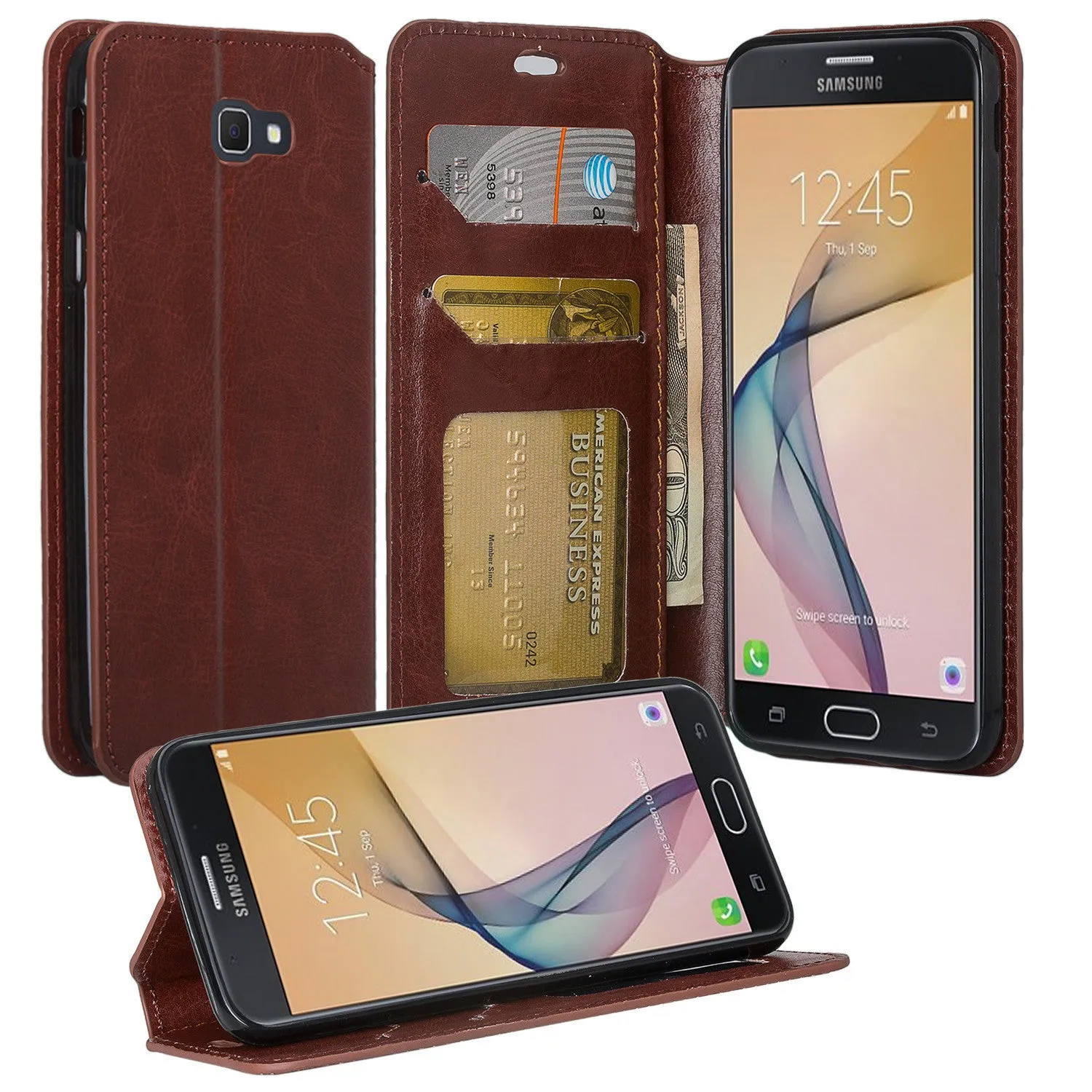 Samsung  Galaxy J5 Prime Case, Magnetic Fold[Kickstand] Pu Leather Wallet Case with ID & Credit Card Slots for Samsung Galaxy  J5 Prime - Brown