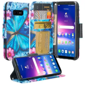 Samsung Galaxy S10e Case, Wrist Strap Pu Leather Wallet Case [Kickstand] with ID & Credit Card Slots - Blue Butterfly