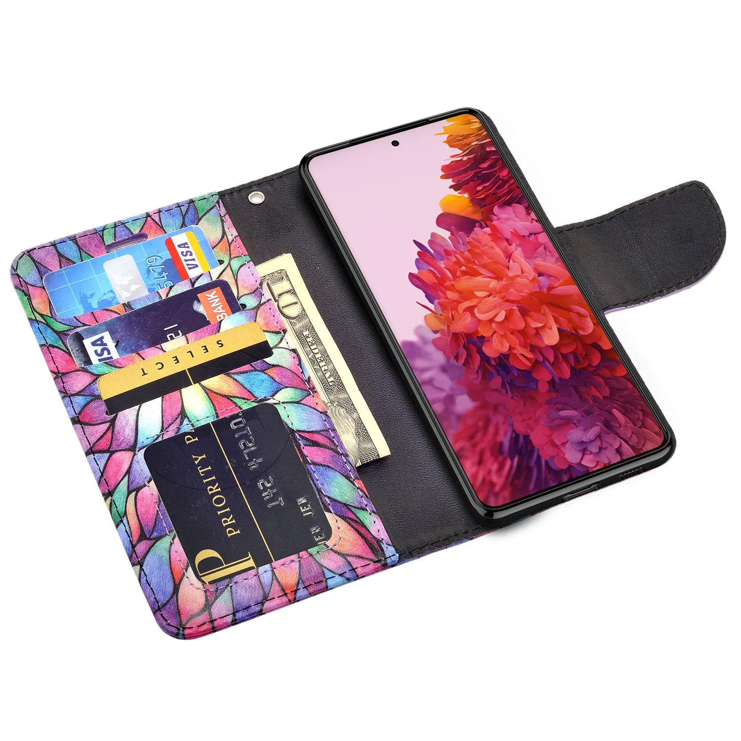 Samsung Galaxy S21 Ultra Case, Galaxy S21 Ultra Wallet Case, Wrist Strap Pu Leather Wallet Case [Kickstand] with ID & Credit Card Slots - Rainbow Flower