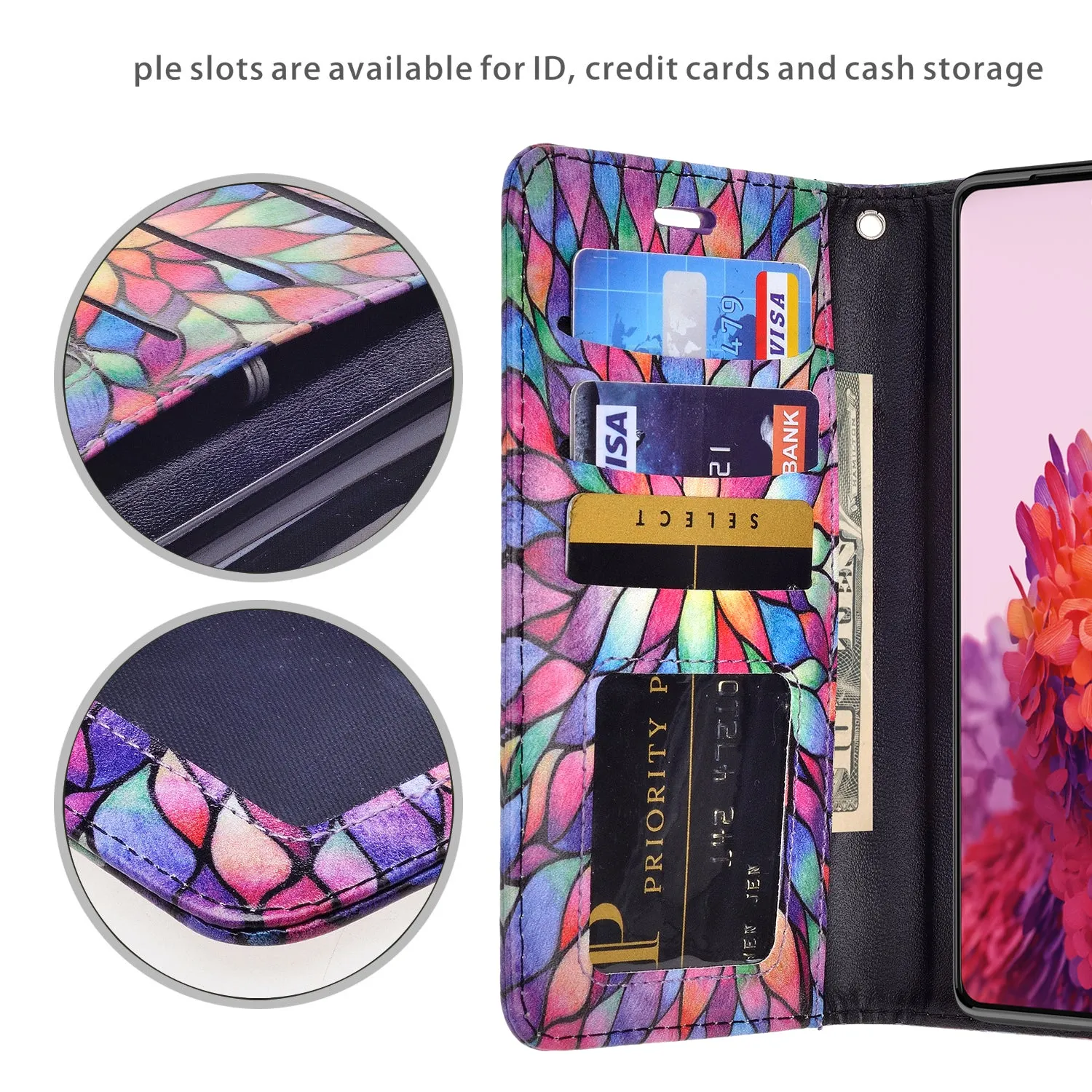 Samsung Galaxy S21 Ultra Case, Galaxy S21 Ultra Wallet Case, Wrist Strap Pu Leather Wallet Case [Kickstand] with ID & Credit Card Slots - Rainbow Flower