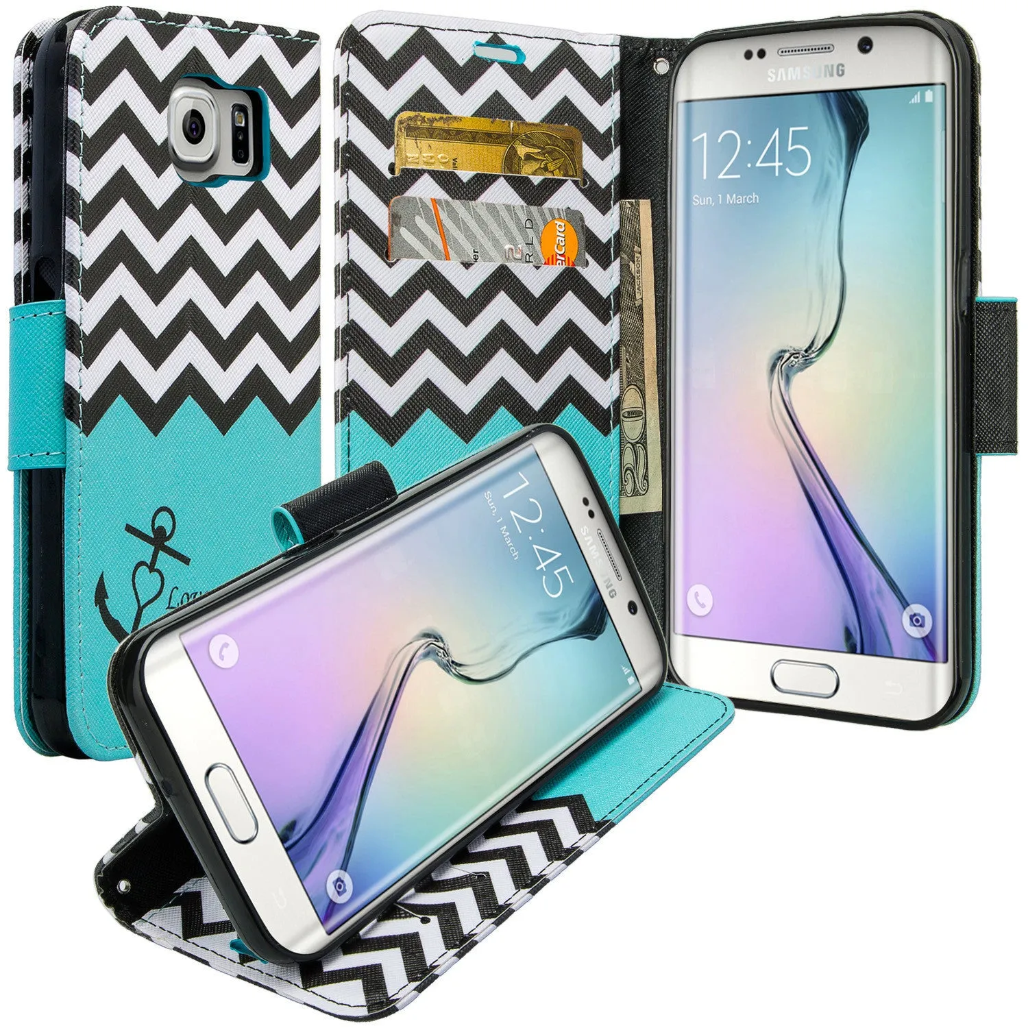 Samsung Galaxy S6 Edge Case, Wrist Strap Flip Fold[Kickstand] Pu Leather Wallet Case with ID & Card Slots for Galaxy S6 Edge - Teal Anchor