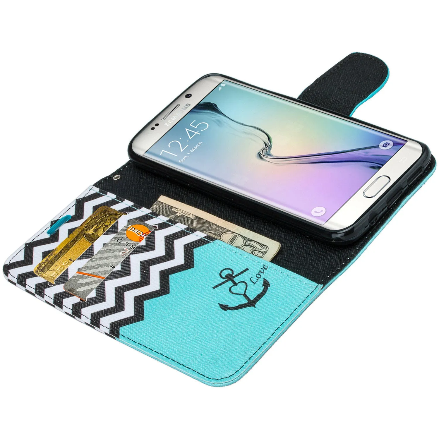 Samsung Galaxy S6 Edge Case, Wrist Strap Flip Fold[Kickstand] Pu Leather Wallet Case with ID & Card Slots for Galaxy S6 Edge - Teal Anchor