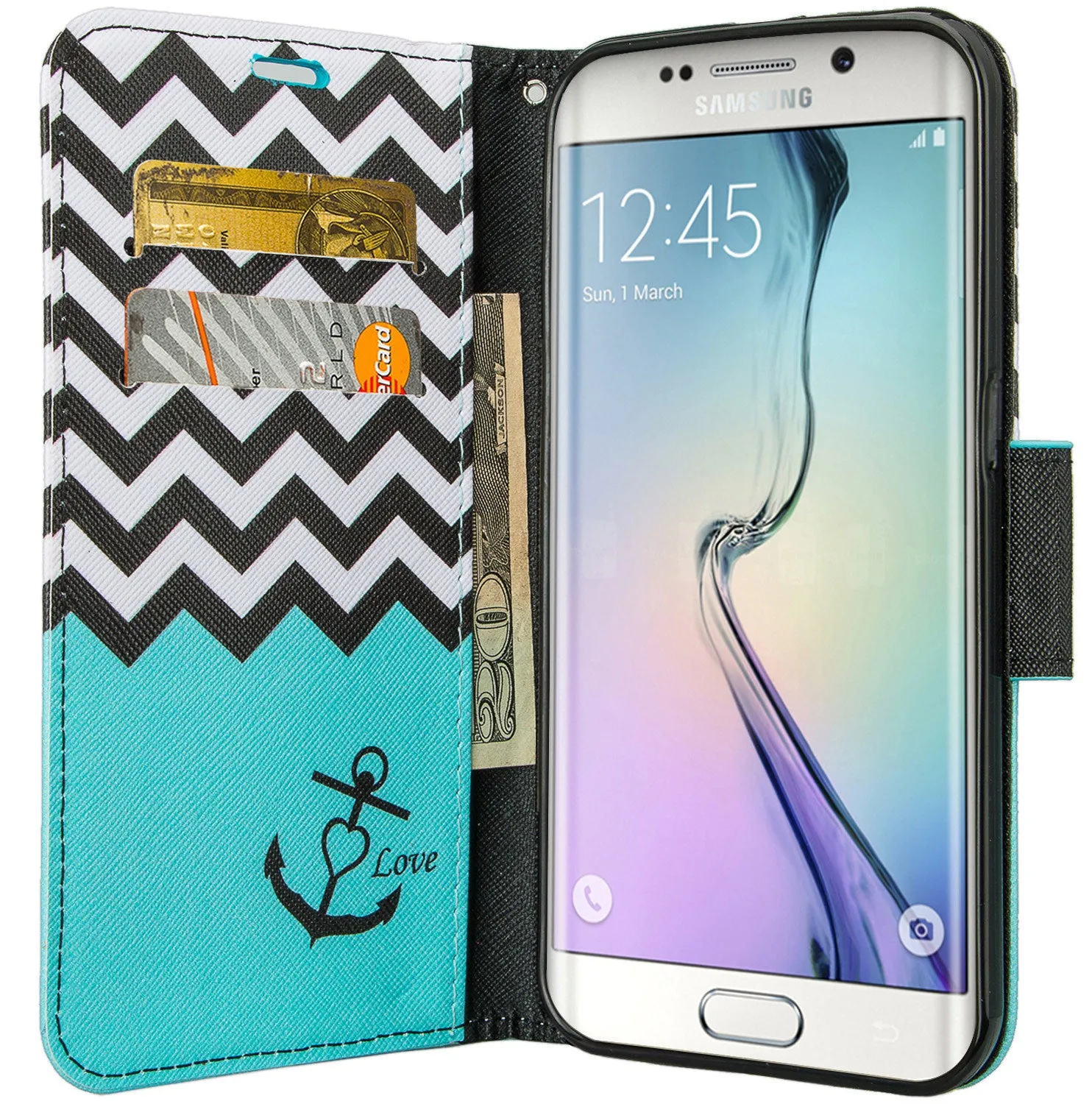 Samsung Galaxy S6 Edge Case, Wrist Strap Flip Fold[Kickstand] Pu Leather Wallet Case with ID & Card Slots for Galaxy S6 Edge - Teal Anchor