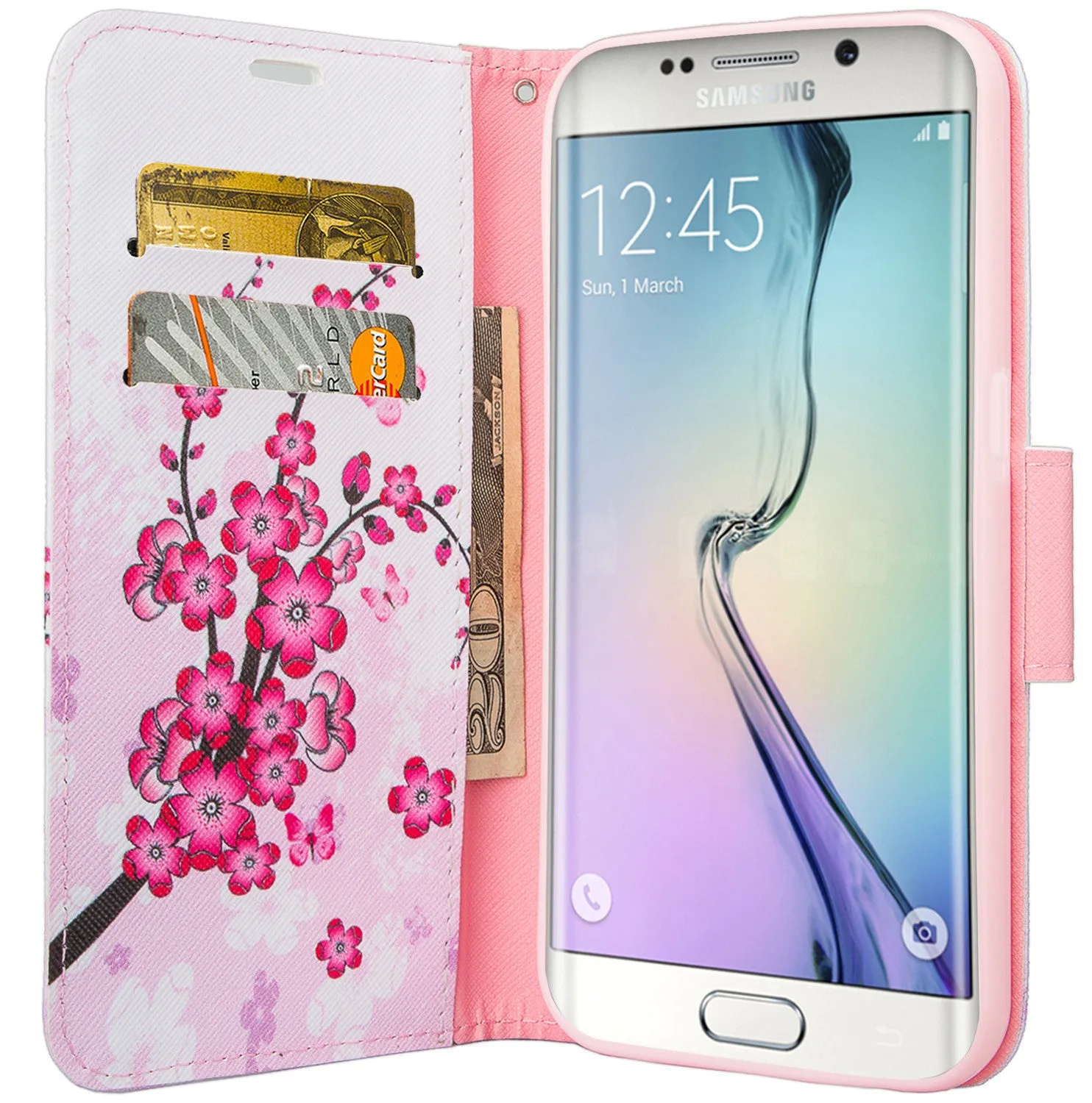 Samsung Galaxy S6 Edge Plus Case, Wrist Strap Magnetic Flip Fold[Kickstand] Pu Leather Wallet Case with ID & Card Slots - Cherry Blossom