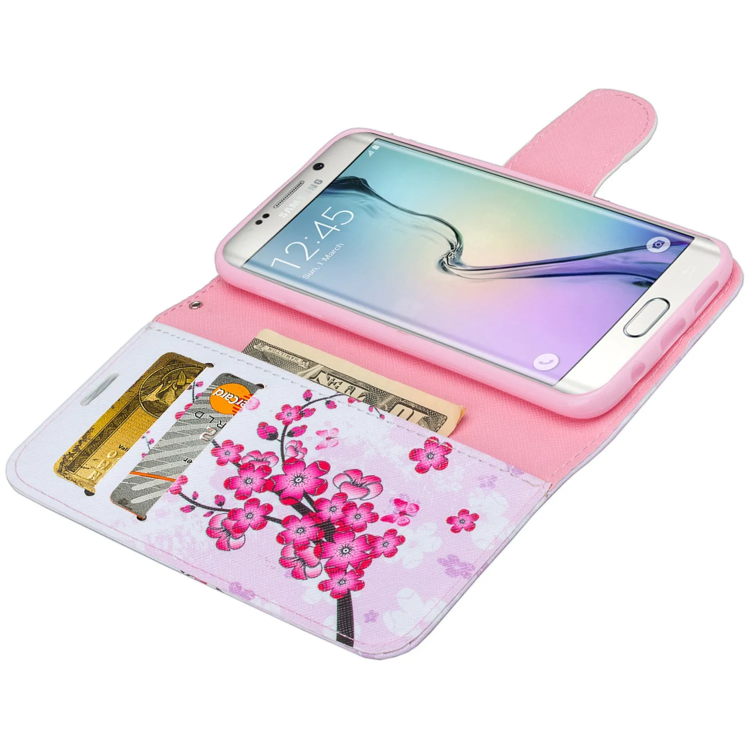 Samsung Galaxy S6 Edge Plus Case, Wrist Strap Magnetic Flip Fold[Kickstand] Pu Leather Wallet Case with ID & Card Slots - Cherry Blossom