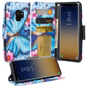 Samsung Galaxy S9 Case, SM-G960U Wallet Case, Wrist Strap Pu Leather Wallet Case [Kickstand] with ID & Credit Card Slots - Blue Butterfly