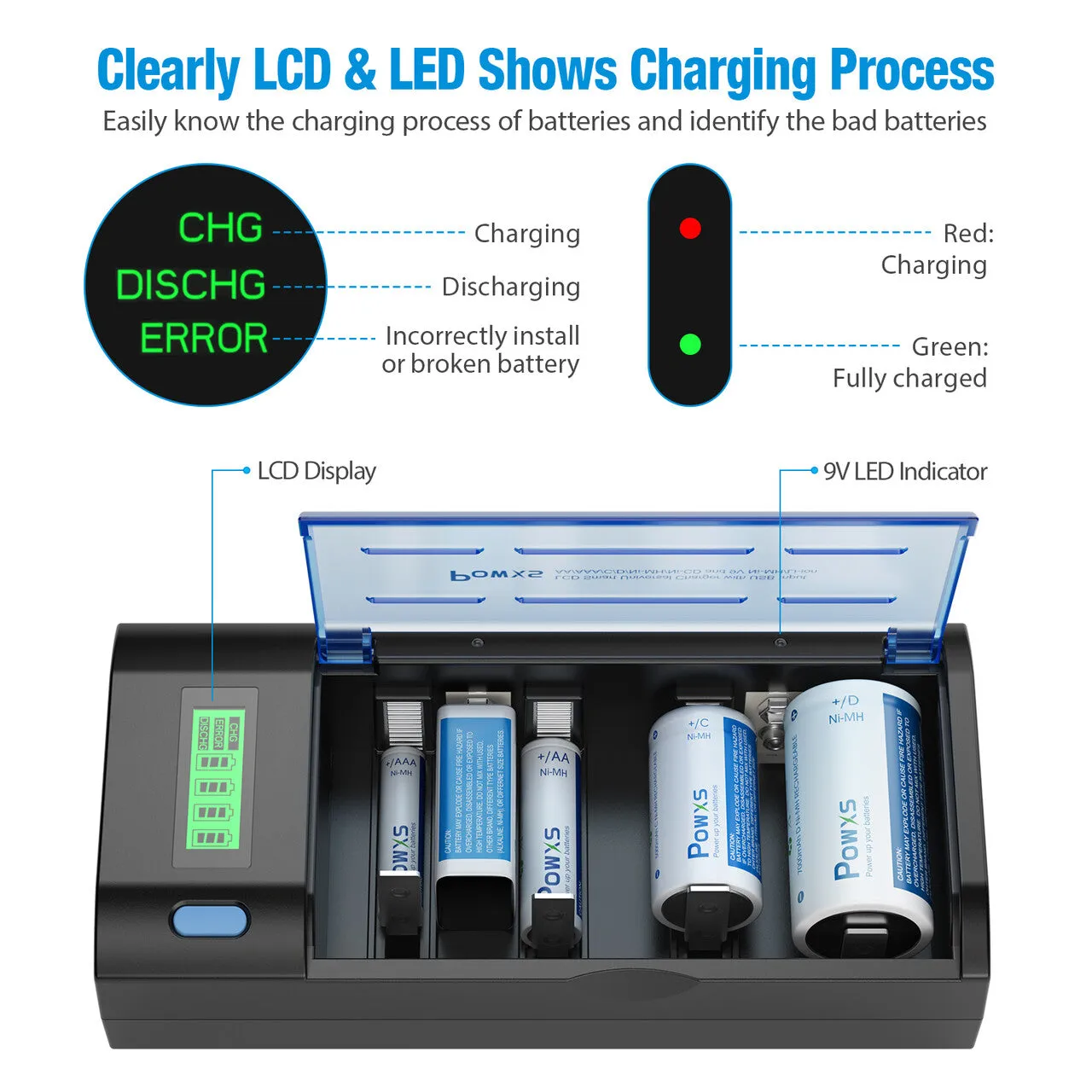 Smart LCD Universal Battery Charger for C D AA AAA 9V Batteries