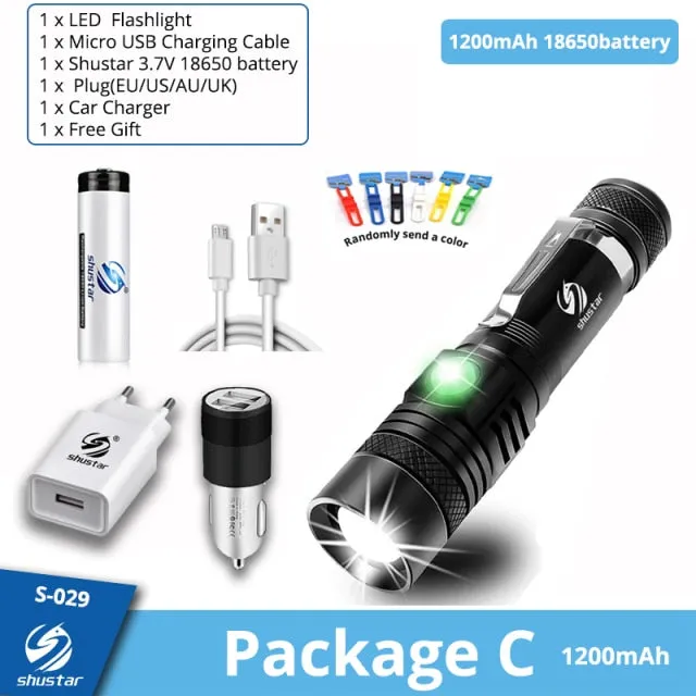 Ultra Bright LED Flashlight With XP-L V6 LED lamp beads Waterproof Torch Zoomable 4 lighting modes Multi-function USB charging