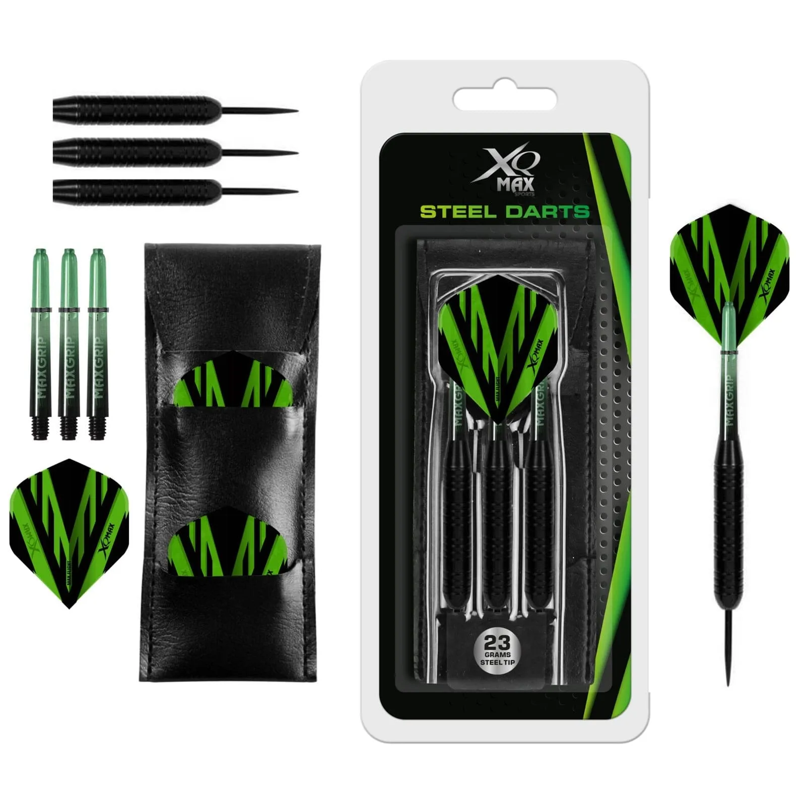 XQMax Steel Tip Darts - Black Coated Steel - includes Case - 23g