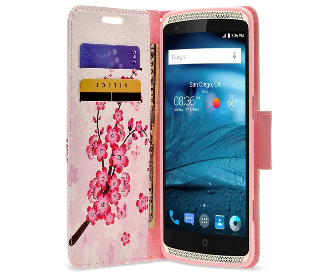 ZTE Axon Pro Case, Wrist Strap Magnetic Fold[Kickstand] Pu Leather Wallet Case with ID & Credit Card Slots for ZTE Axon Pro - Cherry Blossom