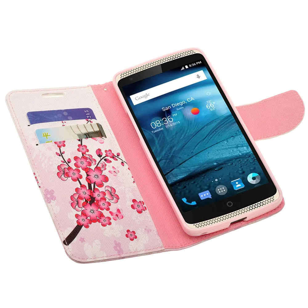 ZTE Axon Pro Case, Wrist Strap Magnetic Fold[Kickstand] Pu Leather Wallet Case with ID & Credit Card Slots for ZTE Axon Pro - Cherry Blossom