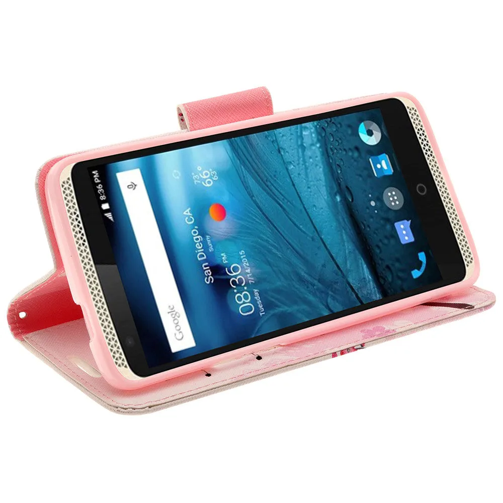 ZTE Axon Pro Case, Wrist Strap Magnetic Fold[Kickstand] Pu Leather Wallet Case with ID & Credit Card Slots for ZTE Axon Pro - Cherry Blossom