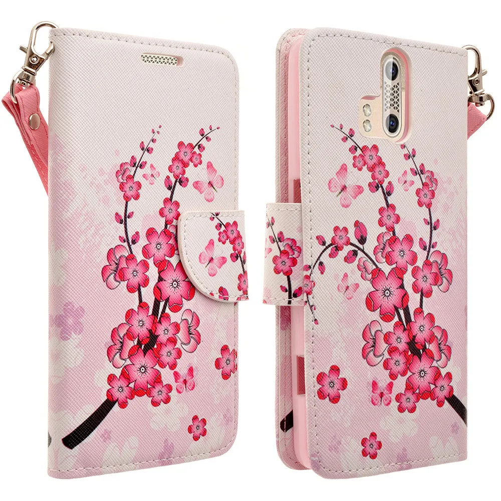 ZTE Axon Pro Case, Wrist Strap Magnetic Fold[Kickstand] Pu Leather Wallet Case with ID & Credit Card Slots for ZTE Axon Pro - Cherry Blossom