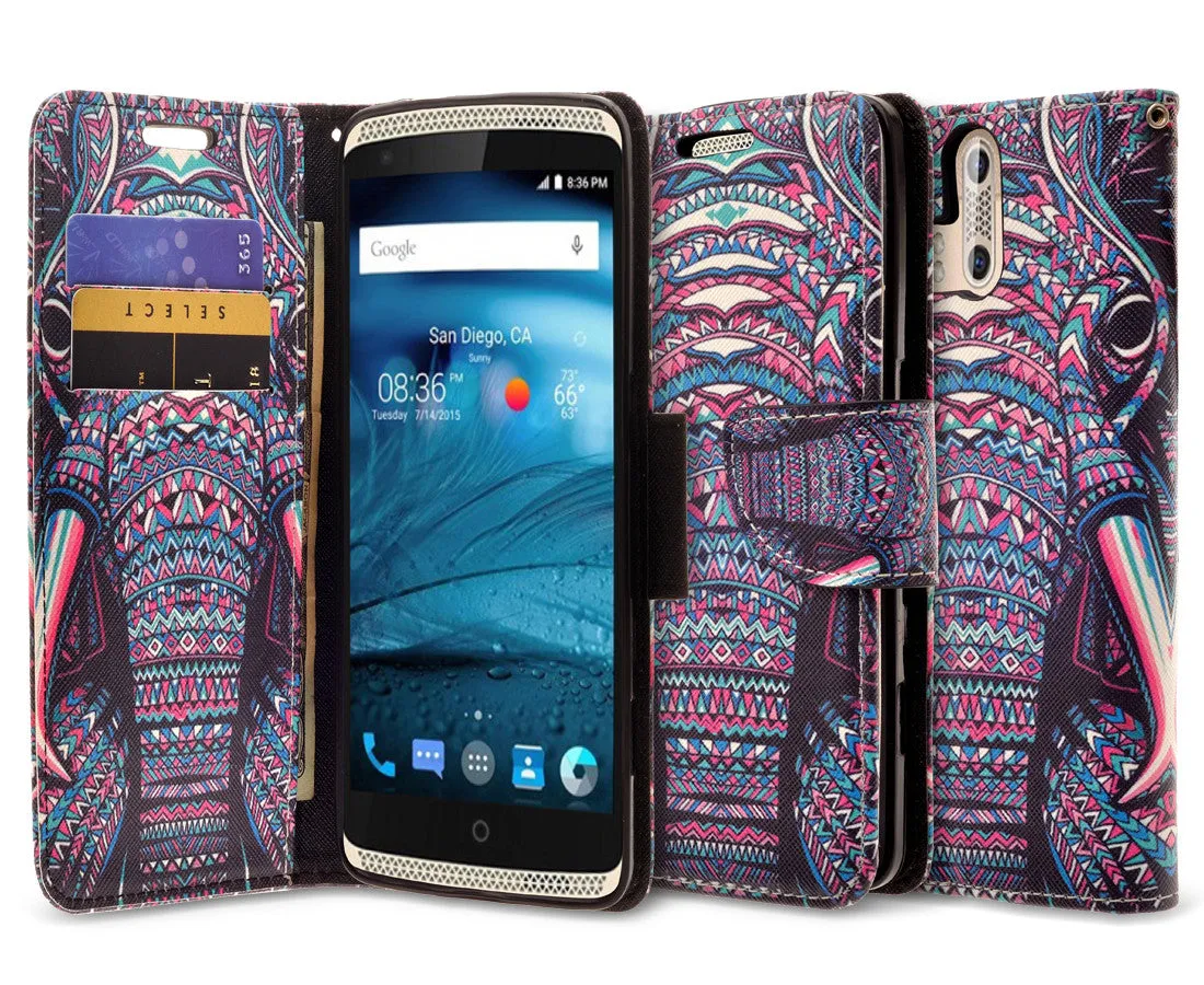 ZTE Axon Pro Case, Wrist Strap Magnetic Fold[Kickstand] Pu Leather Wallet Case with ID & Credit Card Slots for ZTE Axon Pro - Tribal Elephant