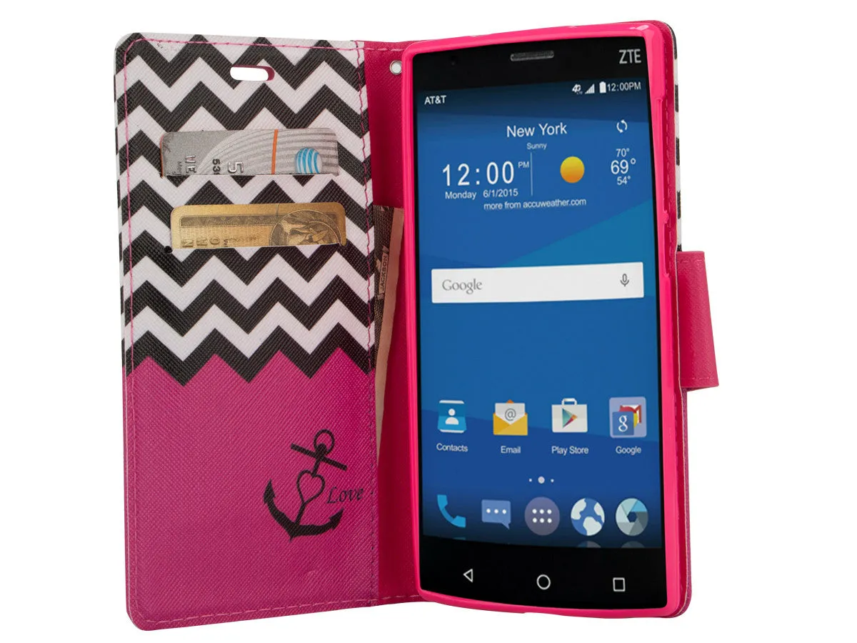 ZTE ZMAX 2 | Z958 Case, Wrist Strap Magnetic Fold[Kickstand] Pu Leather Wallet Case with ID & Credit Card Slots for ZTE ZMAX 2 - Hot Pink Anchor