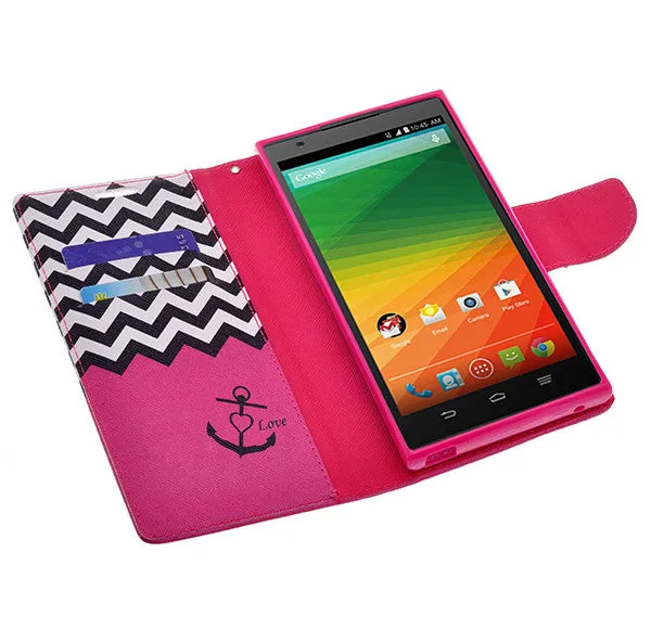 ZTE ZMAX Case, Wrist Strap Magnetic Fold[Kickstand] Pu Leather Wallet Case with ID & Credit Card Slots for ZTE ZMAX - Hot Pink Anchor